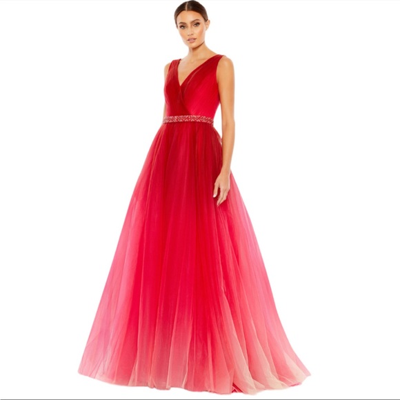 Mac Duggal Dresses & Skirts - NEW Mac Duggal Red Pink Ombre Gown Dress Beaded Waistband Deep V Back size 20